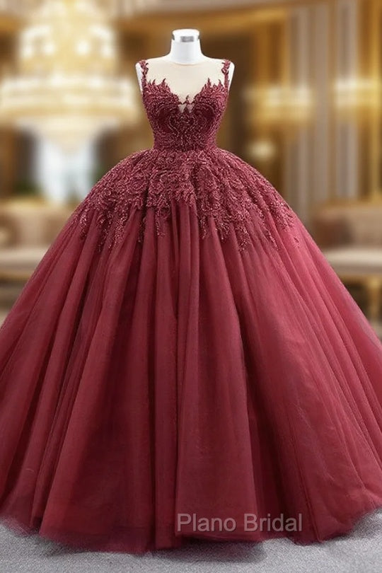 Burgundy Tulle Beading Sequins Illusion Neck Formal Prom Dresses