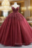 Burgundy Tulle Beading Sequins Illusion Neck Formal Prom Dresses