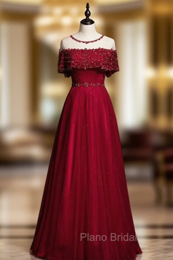 Burgundy Tulle Beading Sequins Lotus Leaf Sleeve Formal Prom Dresses Main image