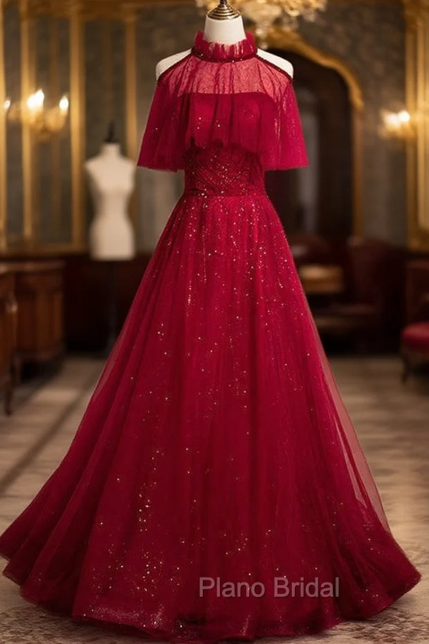 Burgundy Tulle Beading Sequins Strapless Formal Prom Dresses