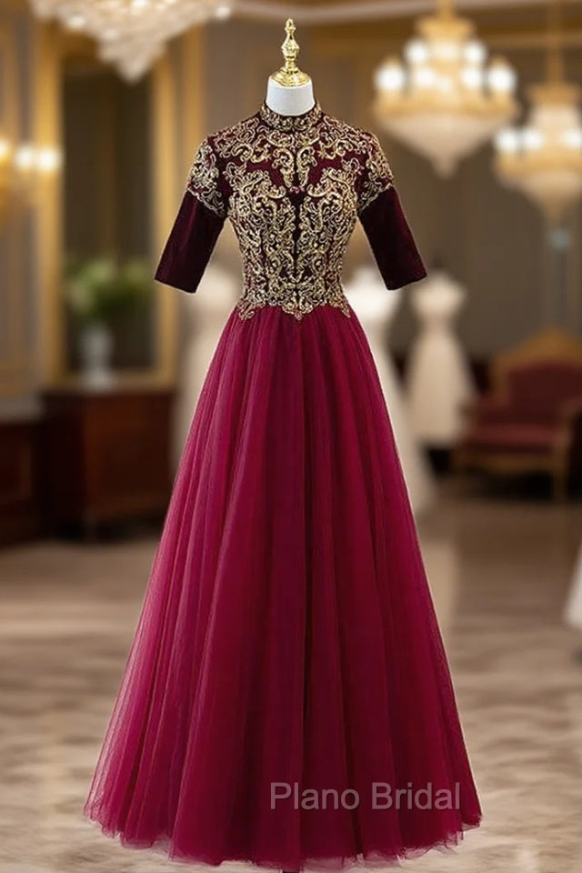 Burgundy Tulle Beading Short Sleeve Formal Prom Dresses Main image