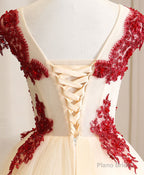 Burgundy Tulle Beads Lace Long Prom Dress Sweet 16 Dress