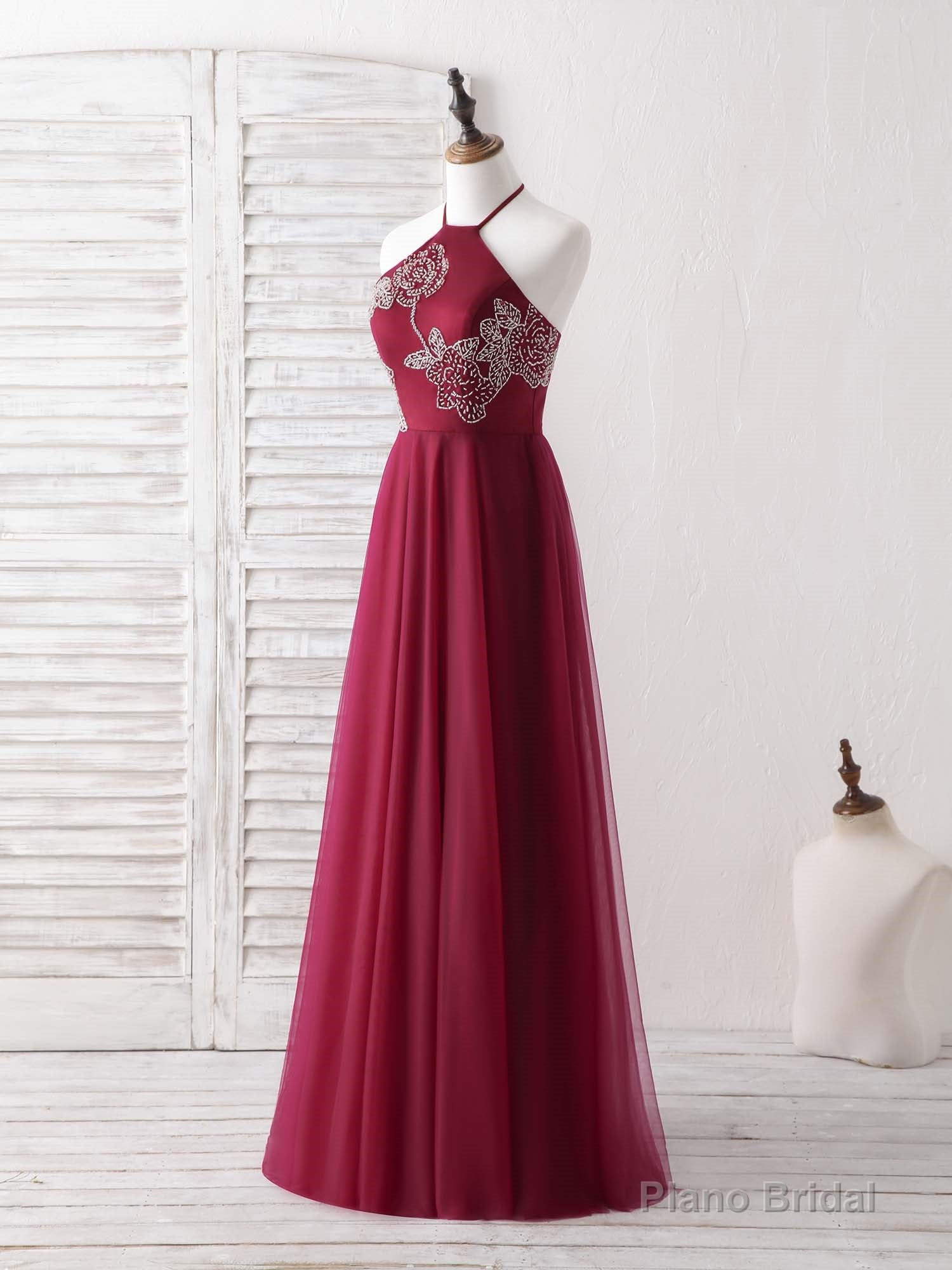 Burgundy Tulle Beads Long Prom Dress Burgundy Evening Dress