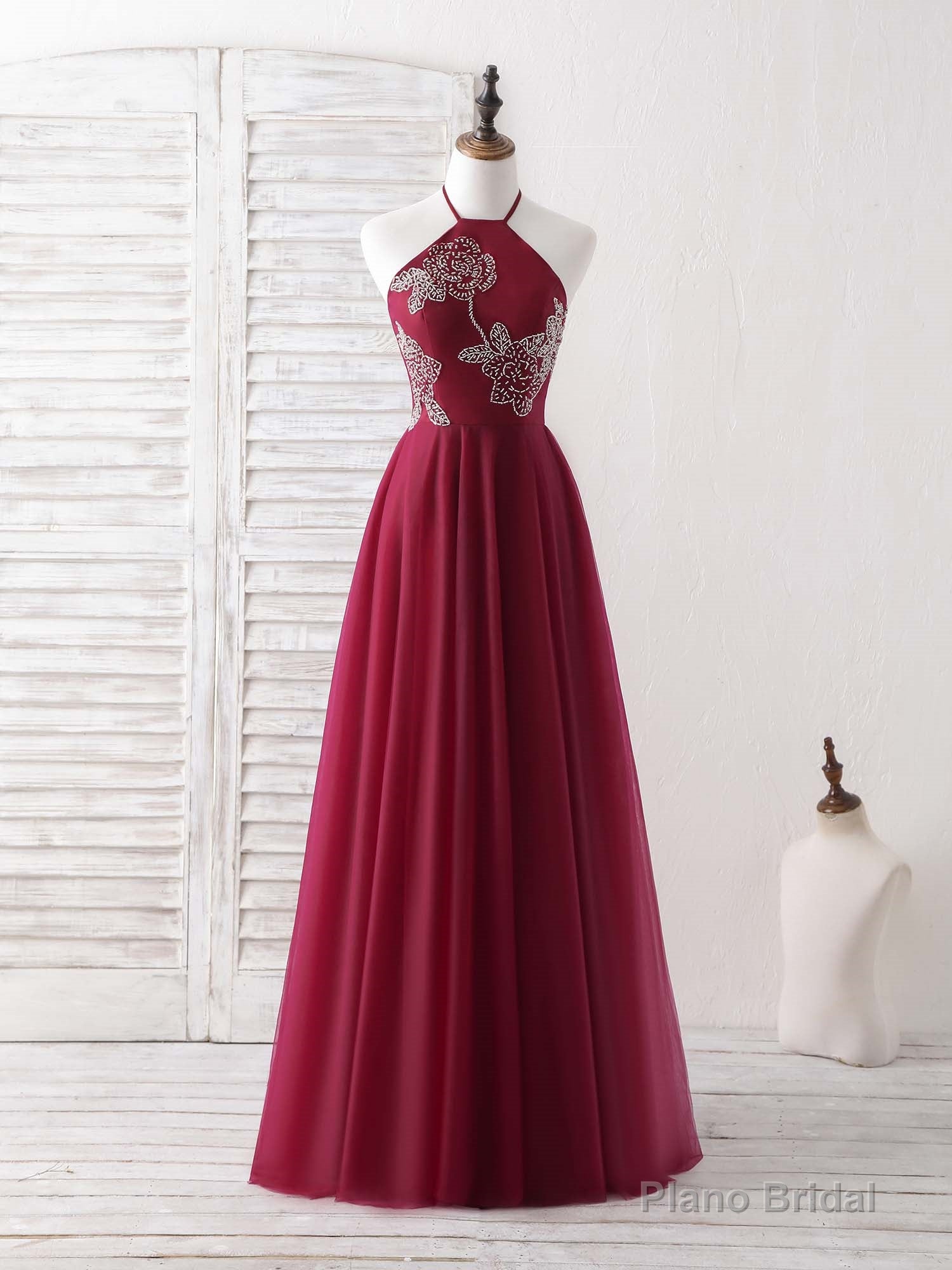 Burgundy Tulle Beads Long Prom Dress Burgundy Evening Dress Secondary image