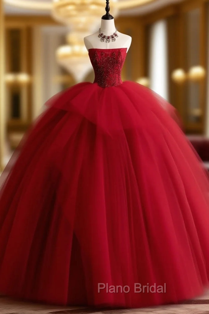 Burgundy Tulle Beads Long Formal Prom Dresses, Burgundy Tulle Formal Party Dresses