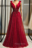 Burgundy Tulle Deep V-neck Backless Beading Formal Prom Dresses