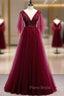 Burgundy Tulle Deep V-neck Beading Formal Prom Dresses