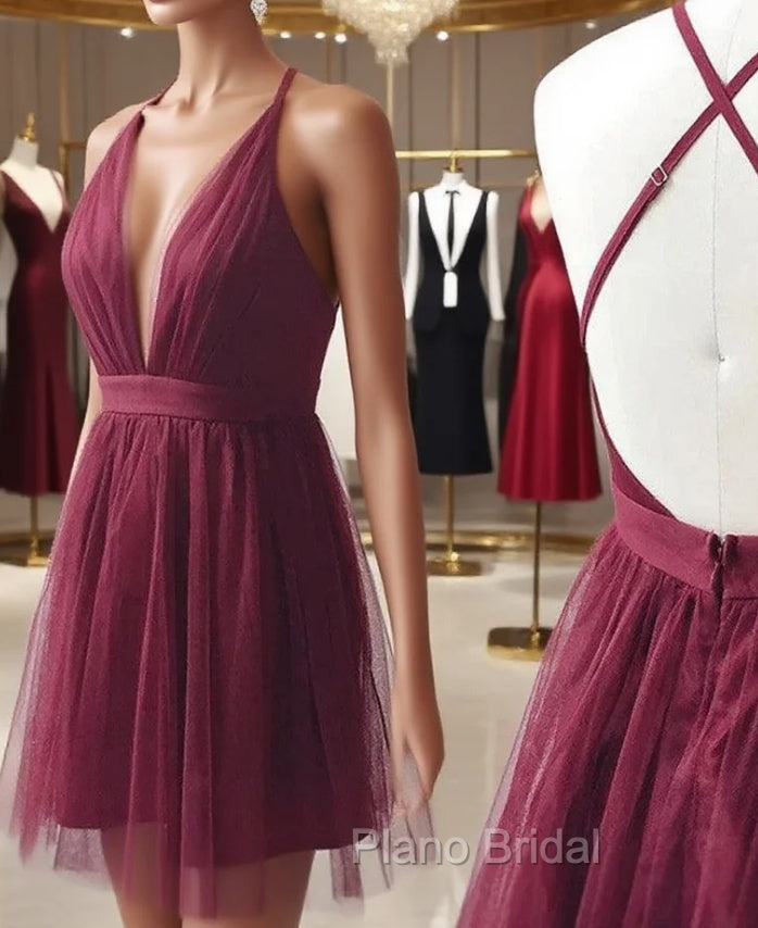 Burgundy Tulle Deep V-neck Homecoming Dresses Main image