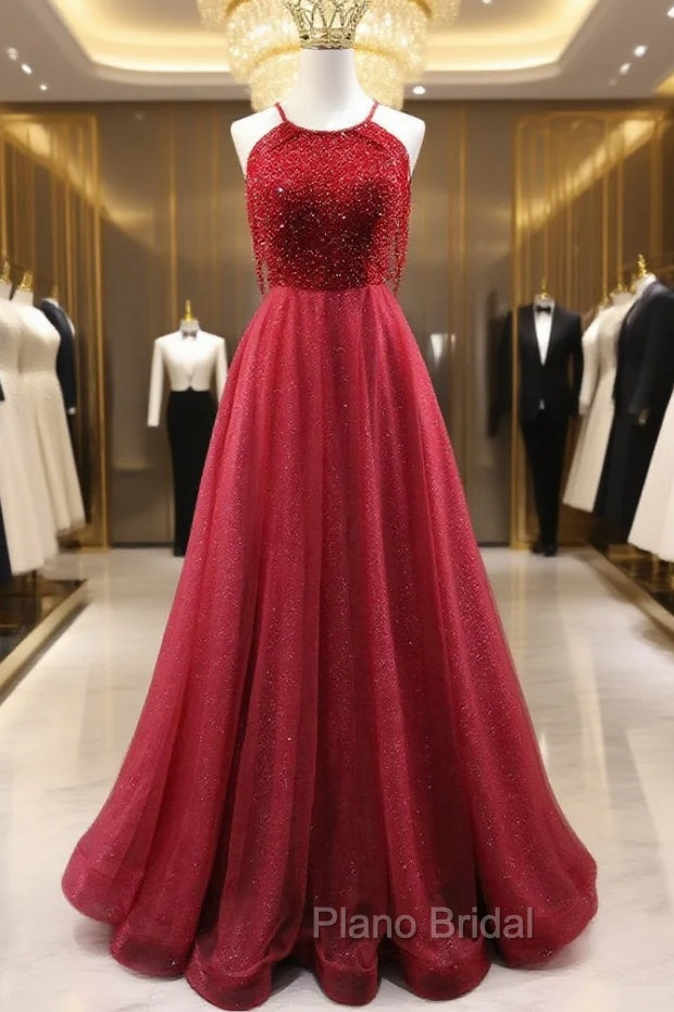 Burgundy Tulle Halter Beading Formal Prom Dresses
