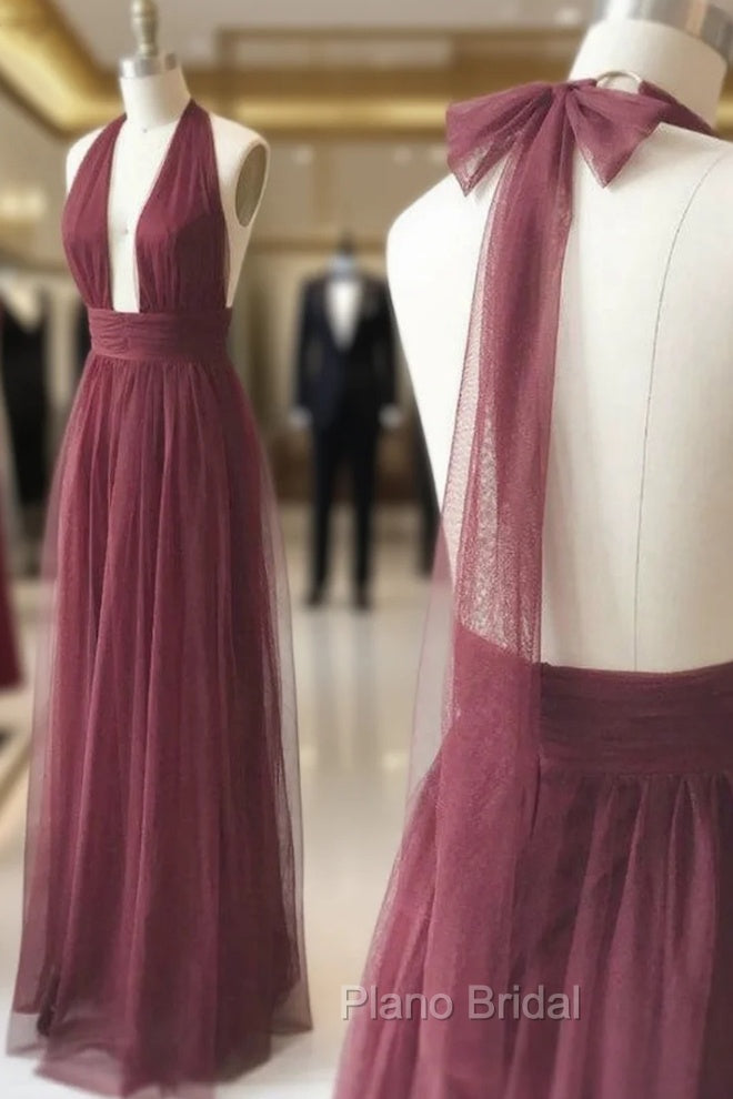 Burgundy Tulle Halter Deep V-neck Backless Formal Prom Dresses Main image