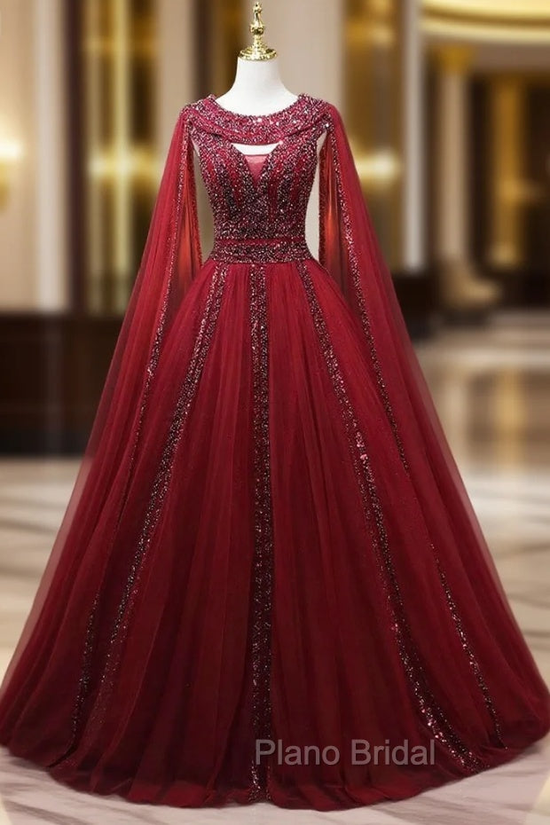 Burgundy Tulle Heavy Beading Formal Prom Dresses Main image