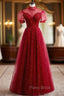 Burgundy Tulle High Neck Short Sleeve Beading Sequins Formal Prom Dresses