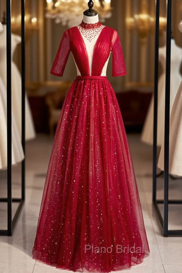 Burgundy Tulle High Neck Short Sleeve Pleats Beading Formal Prom Dresses