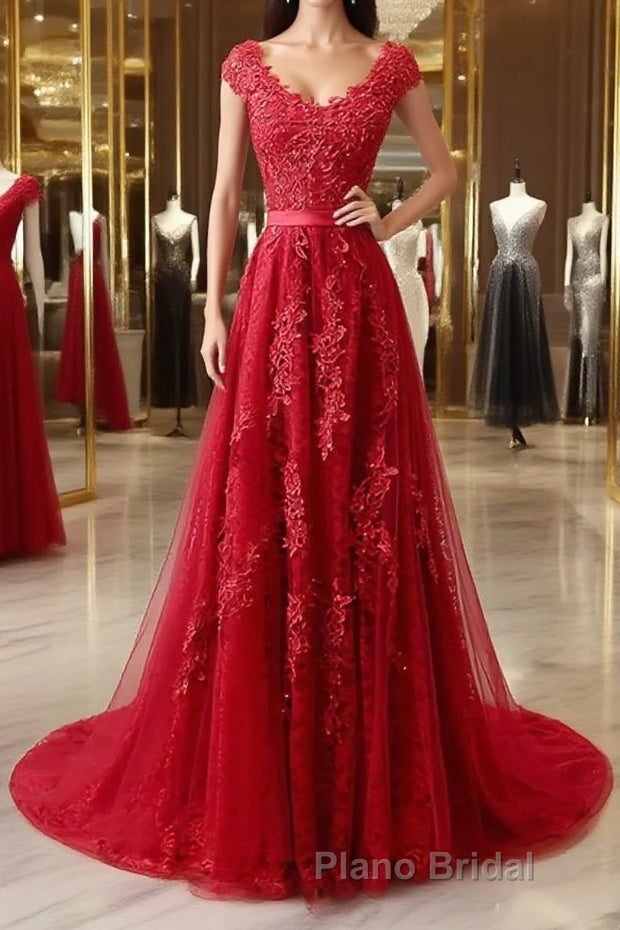 Burgundy tulle lace applique long Formal Prom dress, burgundy evening dress Main image