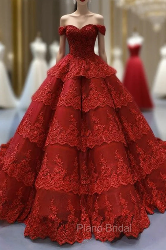 Burgundy Tulle Lace Appliques Off the Shoulder Formal Prom Dresses With Beading