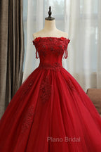 Burgundy Tulle Lace Long Formal Prom Dresses, Burgundy A-Line Evening Gown