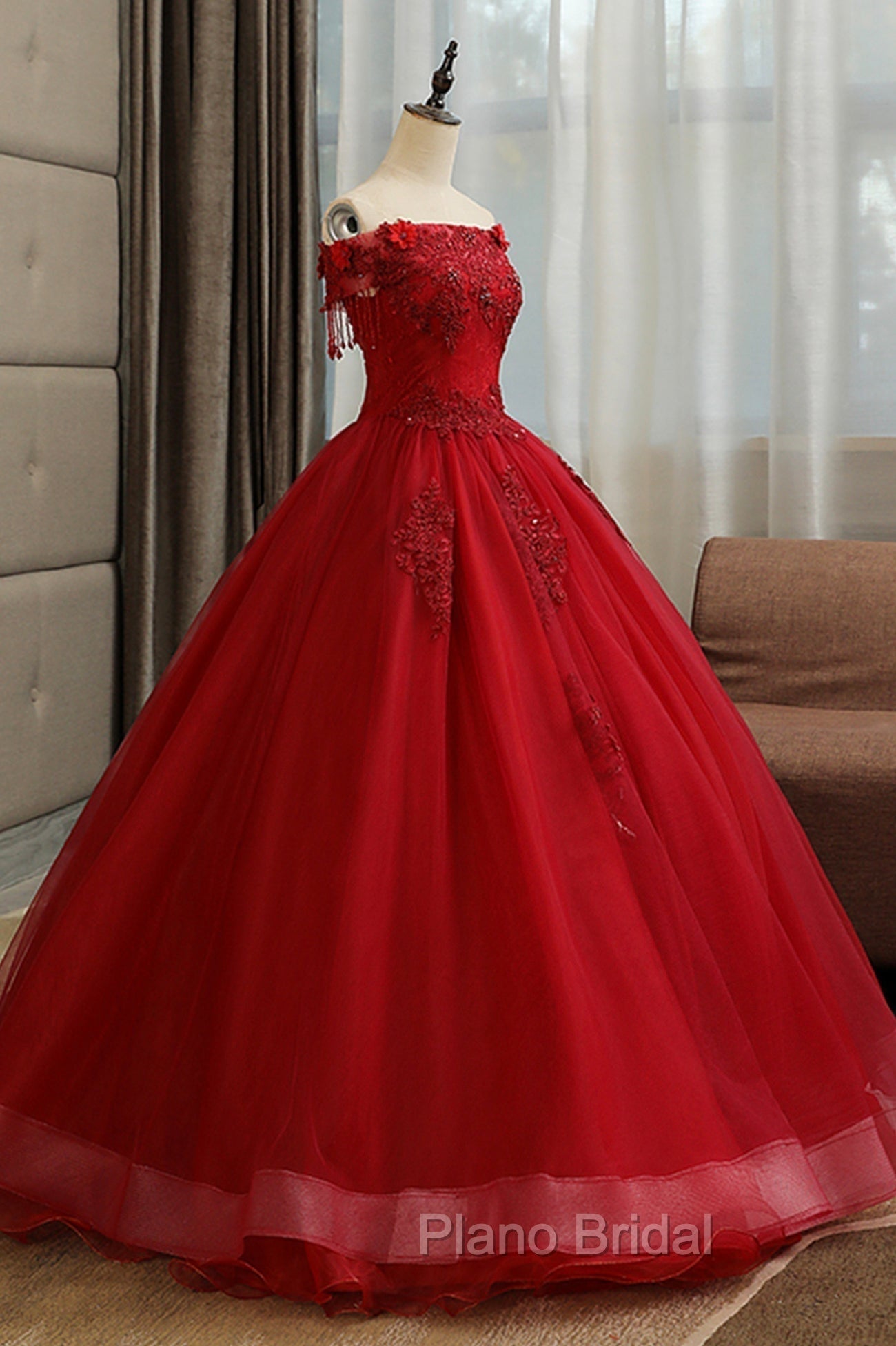 Burgundy Tulle Lace Long Formal Prom Dresses, Burgundy A-Line Evening Gown Secondary image
