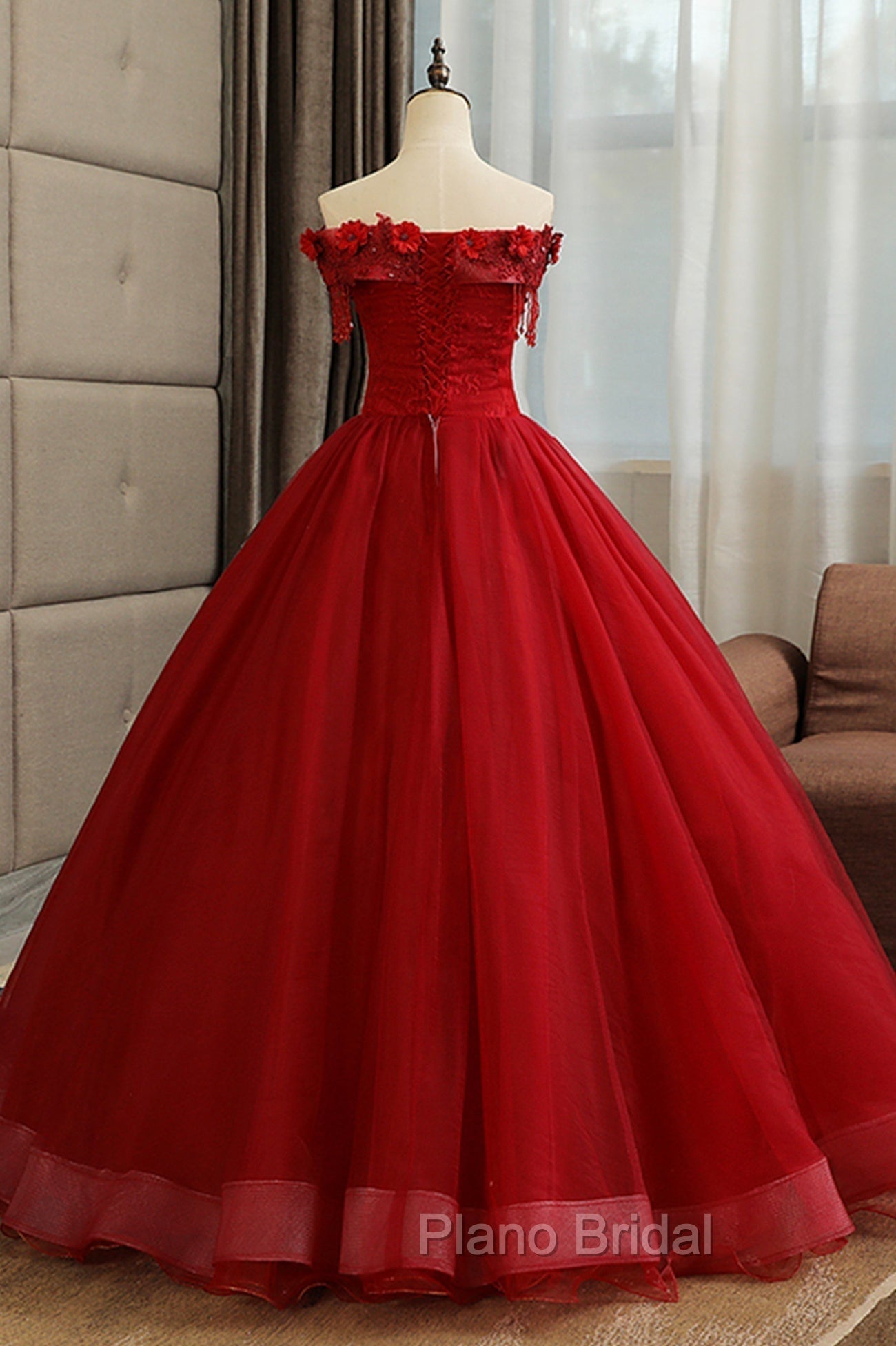 Burgundy Tulle Lace Long Formal Prom Dresses, Burgundy A-Line Evening Gown