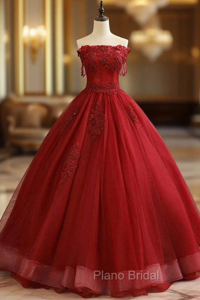 Burgundy Tulle Lace Long Formal Prom Dresses, Burgundy A-Line Evening Gown Main image