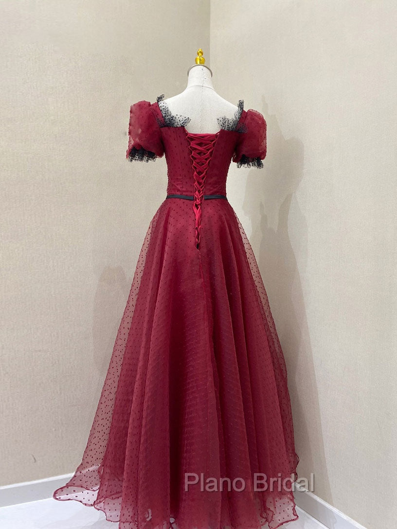 Burgundy Tulle Lace Long Formal Prom Dresses, Burgundy Evening Dresses Secondary image