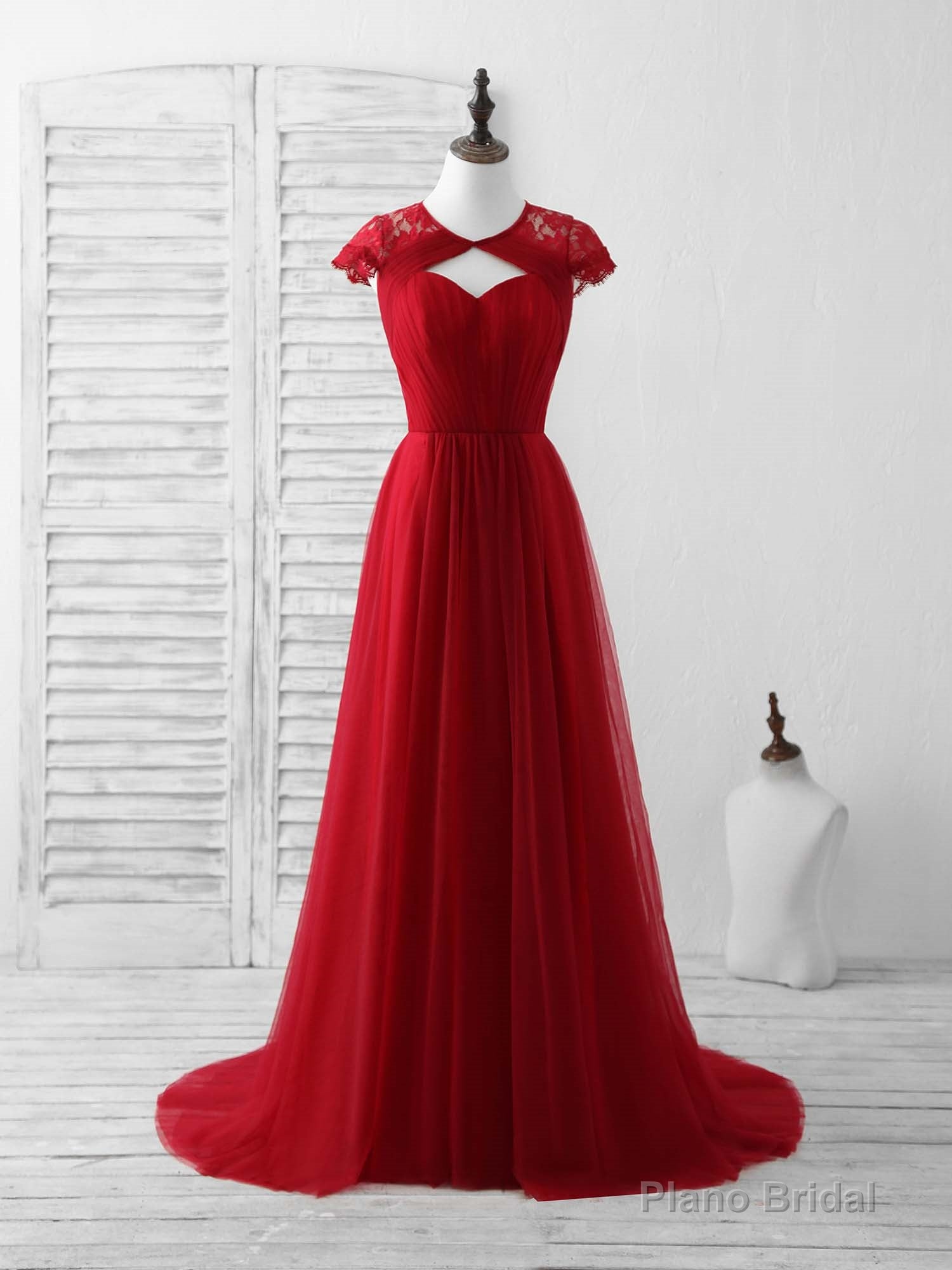 Burgundy Tulle Lace Long Prom Dress Burgundy Evening Dress Main image
