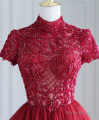 Burgundy Tulle Lace Long Prom Dress, Tulle Lace Evening Dress