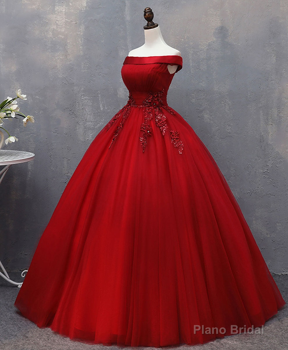 Burgundy Tulle Lace Off Shoulder Long Prom Gown Burgundy Evening Dress Main image