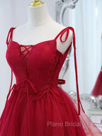 Burgundy Tulle Lace Short Formal Prom Dresses, Burgundy Homecoming Dresses