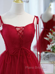 Burgundy Tulle Lace Short Formal Prom Dresses, Burgundy Homecoming Dresses