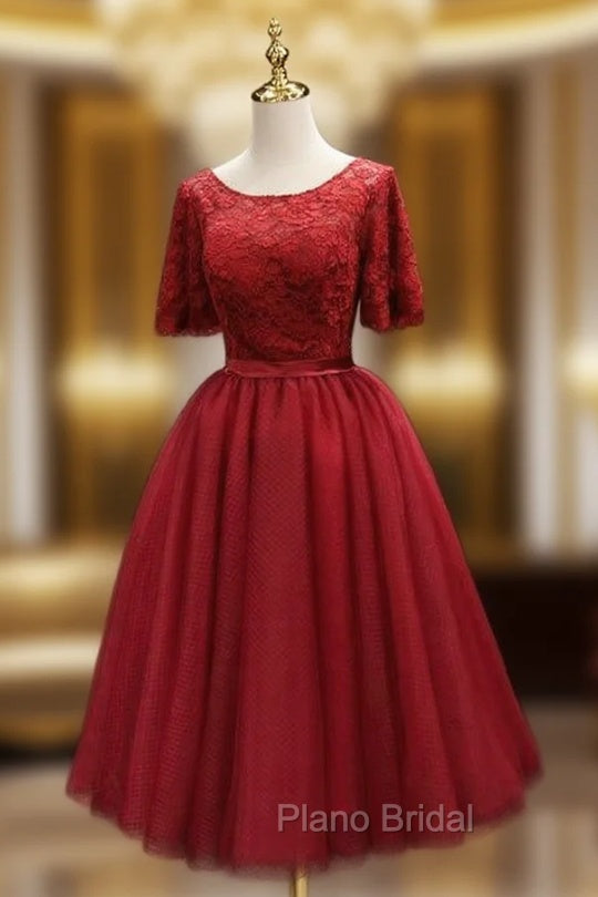 Burgundy Tulle Lace Short Sleeve Homecoming Dresses Main image