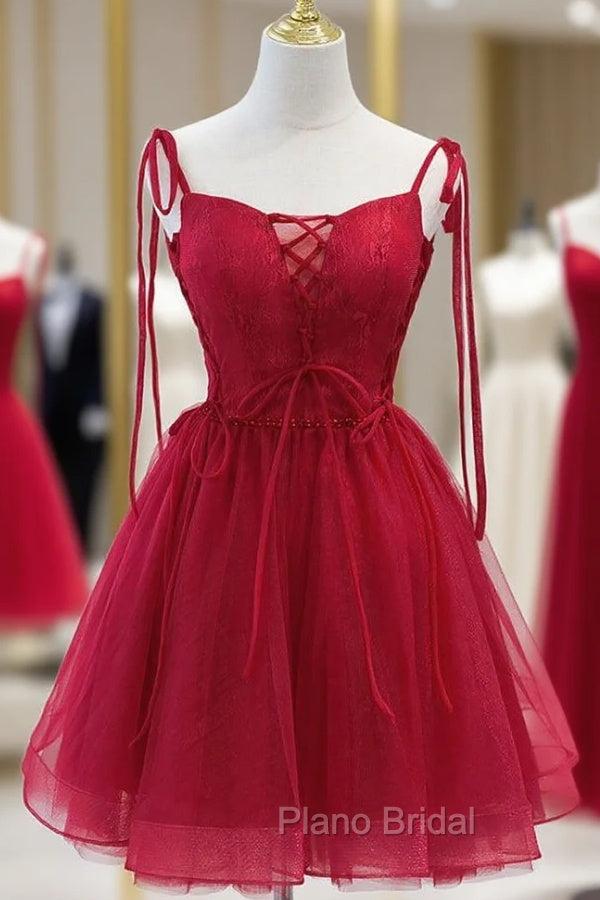 Burgundy Tulle Lace Spaghetti Straps Beading Homecoming Dresses Main image