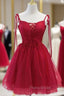 Burgundy Tulle Lace Spaghetti Straps Beading Homecoming Dresses