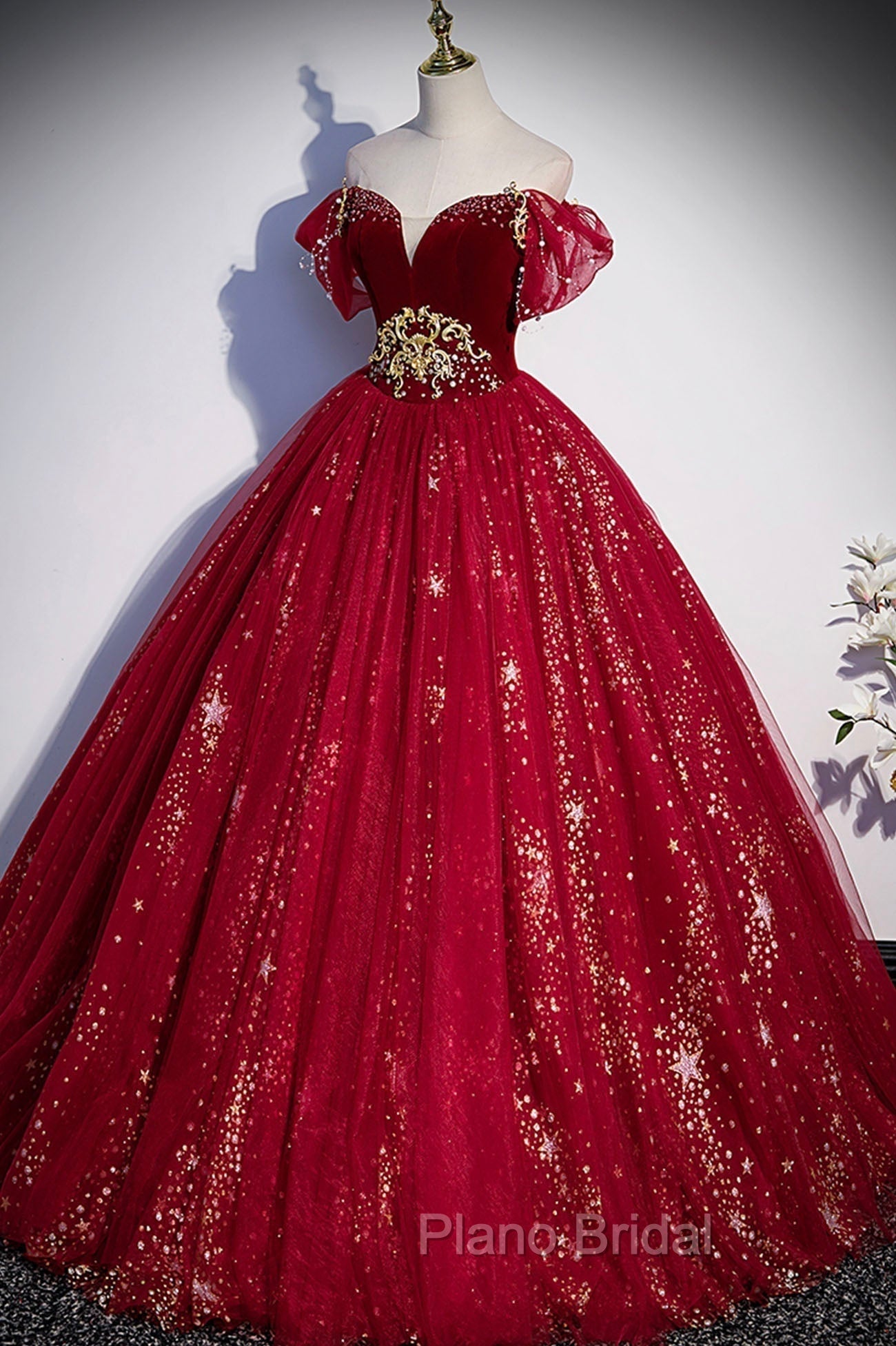 Burgundy Tulle Long A-Line Ball Gown, Off the Shoulder Evening Party Dresses