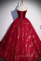 Burgundy Tulle Long A-Line Ball Gown, Off the Shoulder Evening Party Dresses