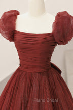Burgundy Tulle Long A-Line Formal Prom Dresses, Cute Short Sleeve Evening Dresses