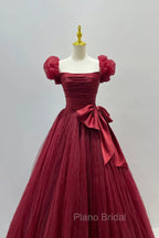 Burgundy Tulle Long A-Line Formal Prom Dresses, Lovely Evening Graduation Dresses