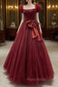 Burgundy Tulle Long A-Line Formal Prom Dresses, Lovely Evening Graduation Dresses