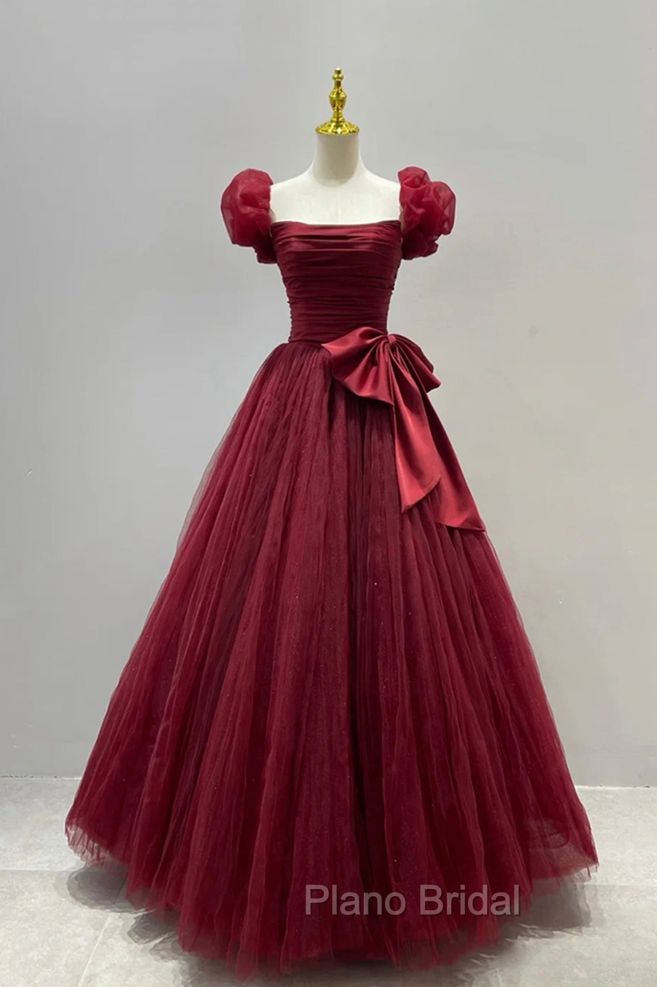 Burgundy Tulle Long A-Line Formal Prom Dresses, Lovely Evening Graduation Dresses