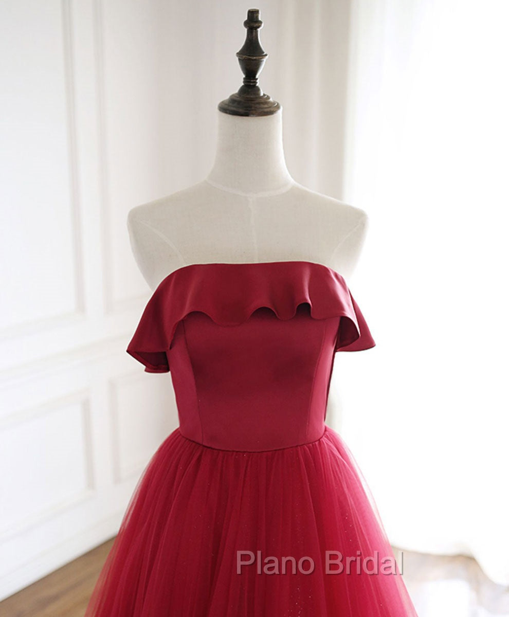 Burgundy Tulle Long Formal Prom Dresses, A line Burgundy Formal Party Dresses Secondary image