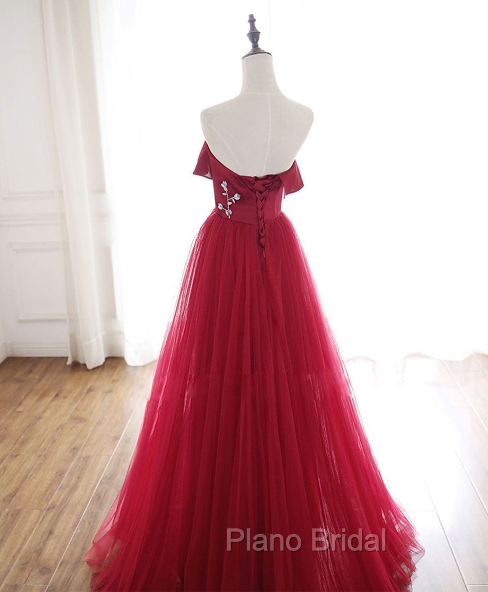 Burgundy Tulle Long Formal Prom Dresses, A line Burgundy Formal Party Dresses