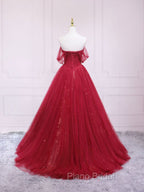 Burgundy Tulle Long Formal Prom Dresses, Burgundy Evening Dresses