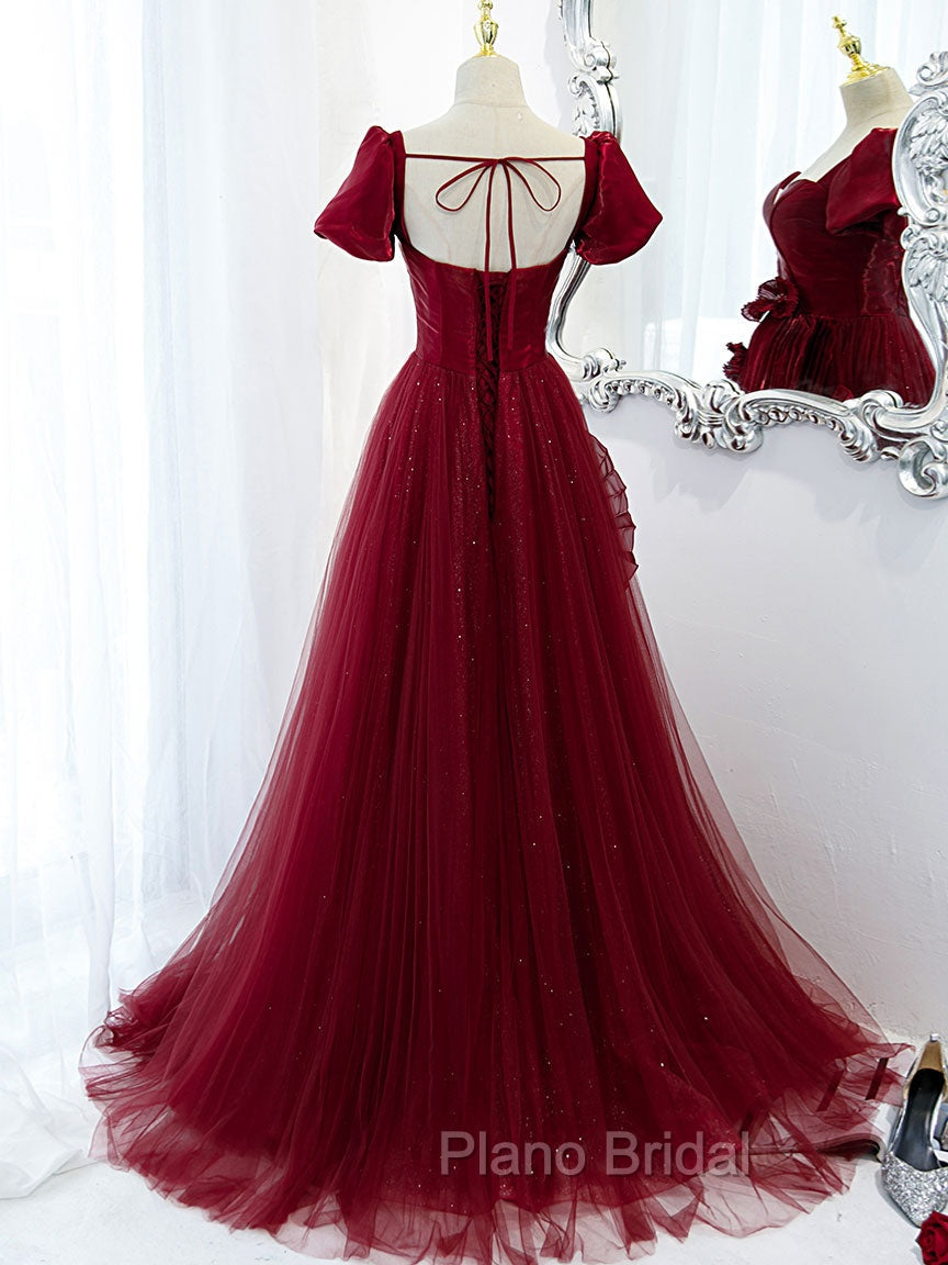 Burgundy Tulle Long Formal Prom Dresses, Burgundy Tulle Evening Dresses