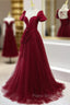 Burgundy Tulle Long Formal Prom Dresses, Burgundy Tulle Evening Dresses