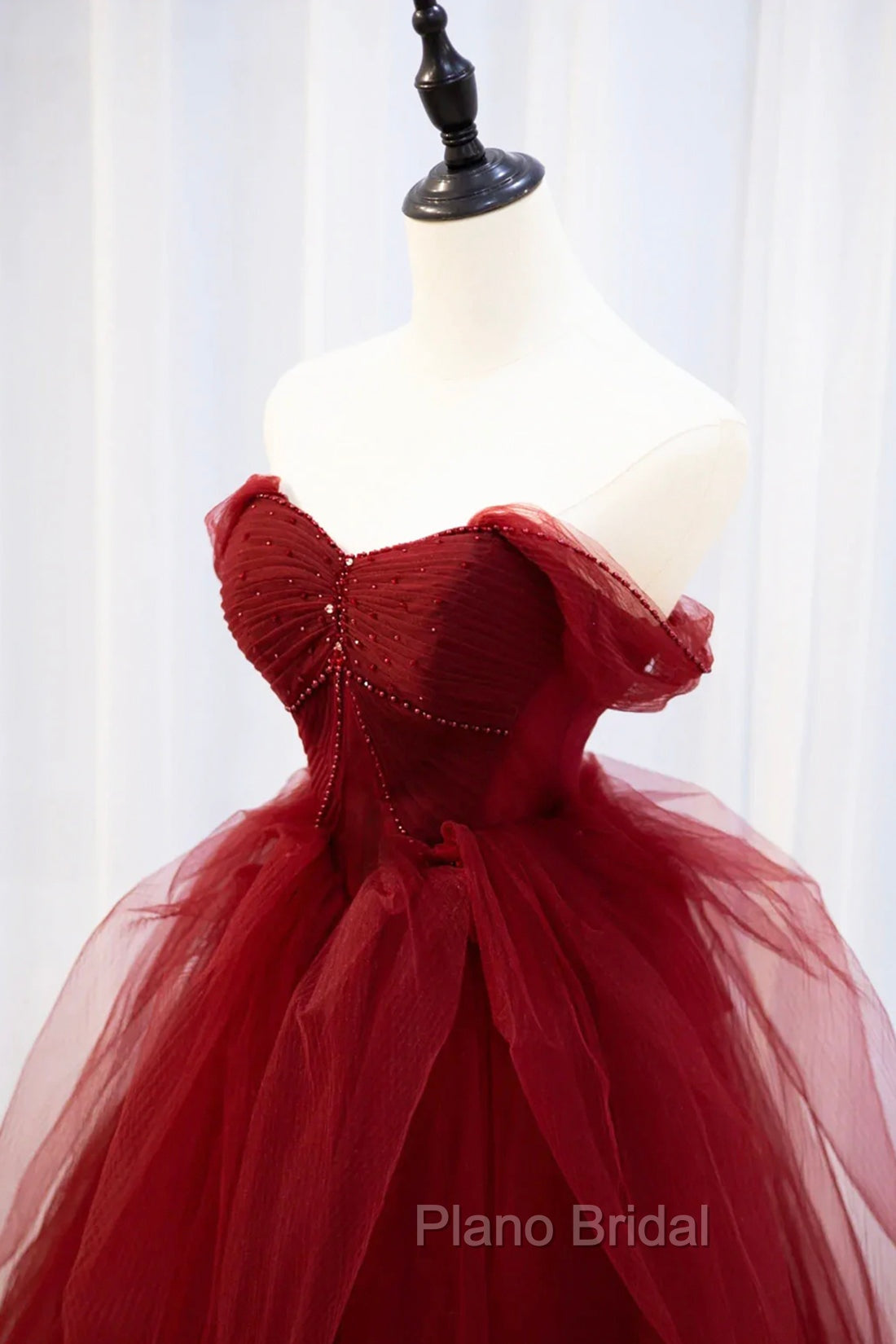 Burgundy Tulle Long Formal Prom Dresses with Beaded, Burgundy Off Shoulder Evening Dresses Secondary image
