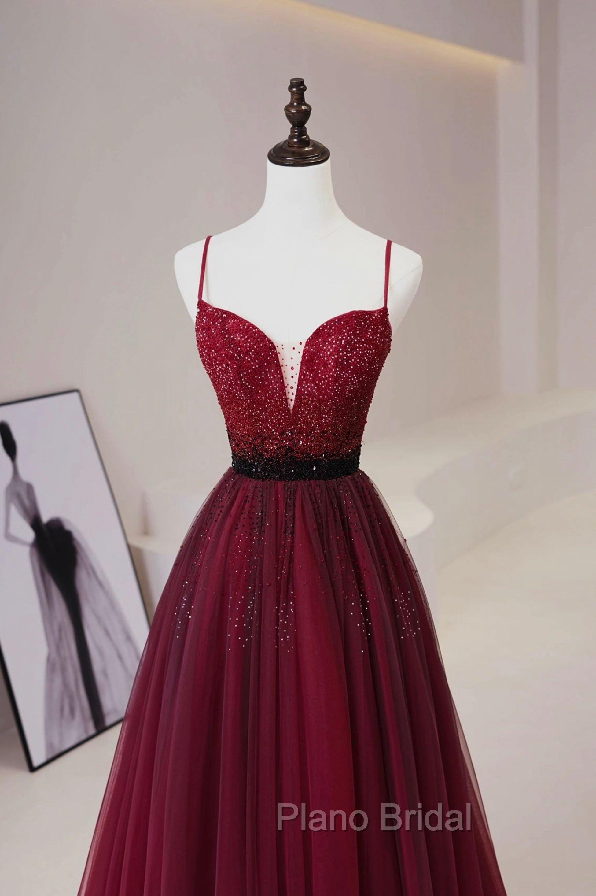 Burgundy Tulle Long Formal Prom Dresses with Beaded, Spaghetti Straps Evening Dresses