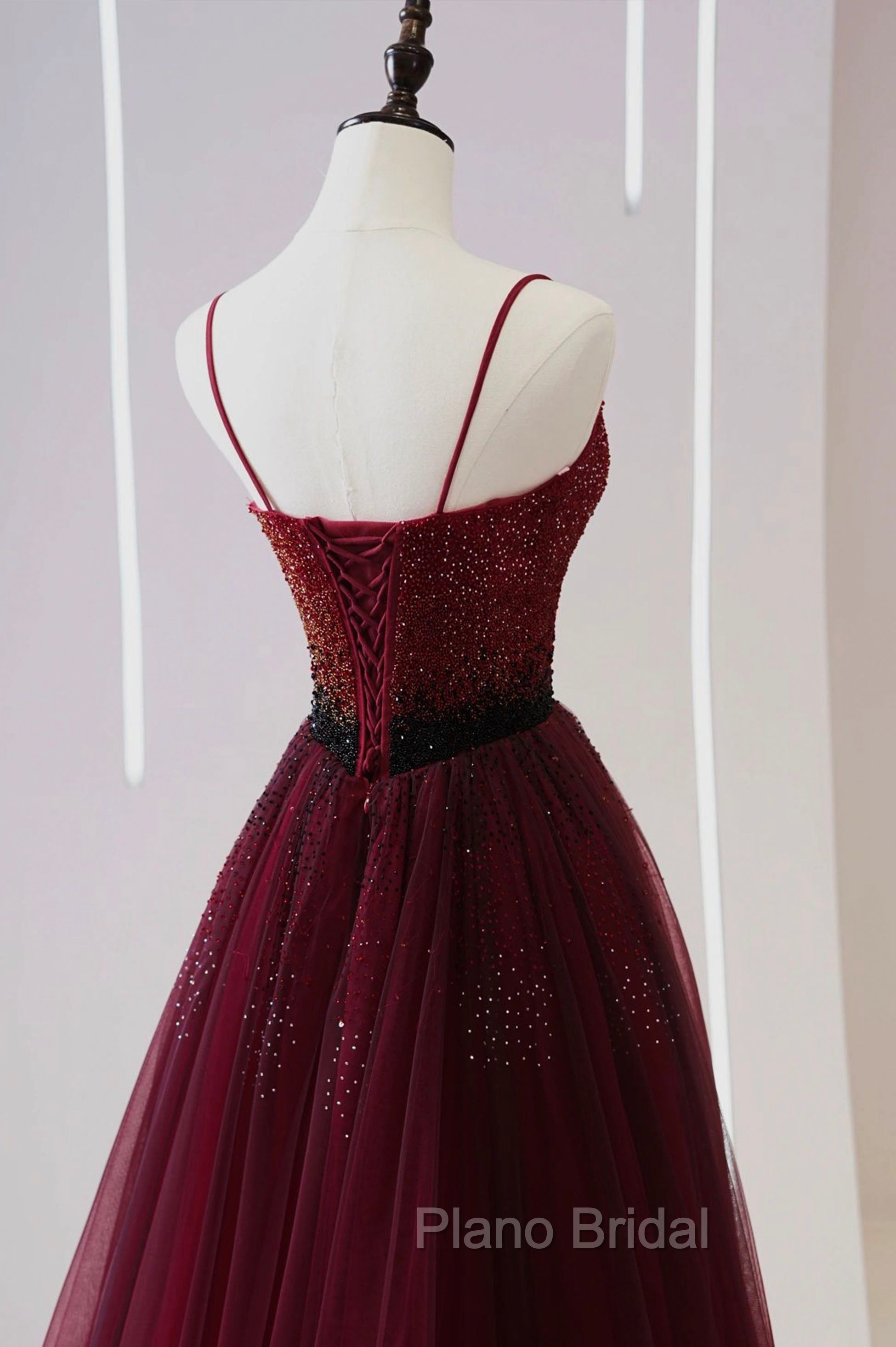 Burgundy Tulle Long Formal Prom Dresses with Beaded, Spaghetti Straps Evening Dresses