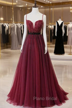 Burgundy Tulle Long Formal Prom Dresses with Beaded, Spaghetti Straps Evening Dresses