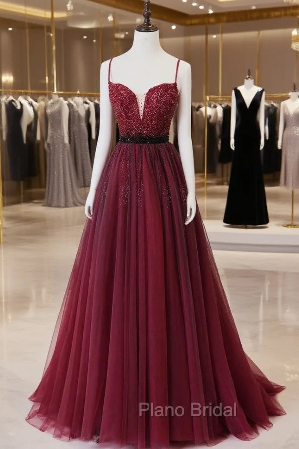 Burgundy Tulle Long Formal Prom Dresses with Beaded, Spaghetti Straps Evening Dresses