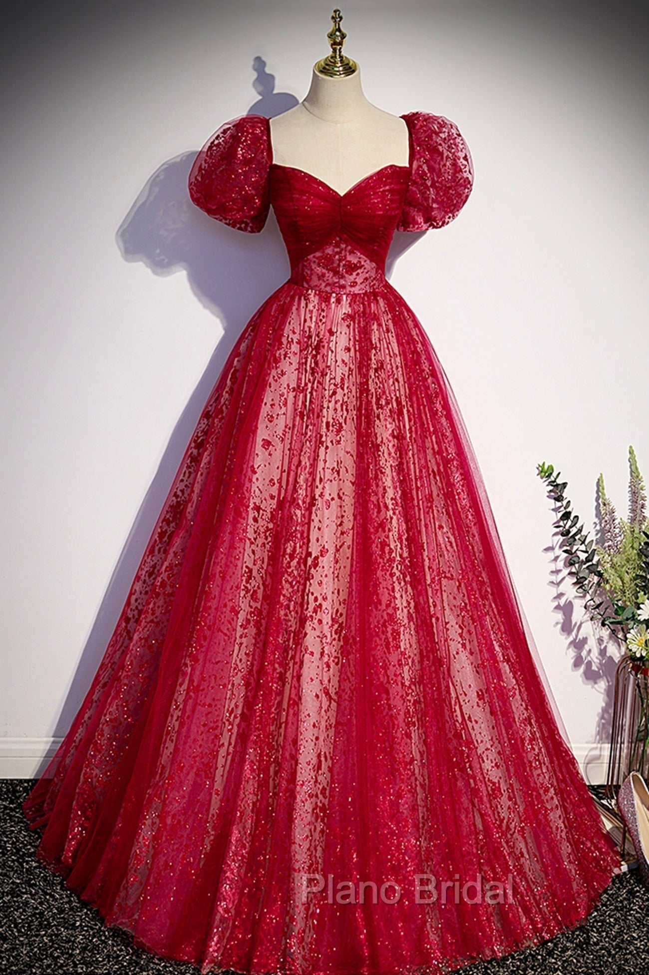 Burgundy Tulle Long Formal Prom Dresses with Sequins, A-Line Short Sleeve Evening Dresses Main image