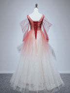 Burgundy Tulle Off Shoulder Beads Long Formal Prom Dresses, Burgundy Evening Dresses